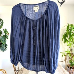 Blue Denim Colored Boho Tassel Tie Blouse